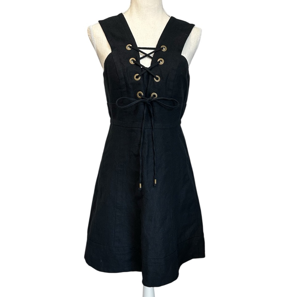 J Crew Dress Black Lace Up Structured 100% Linen Women’s Size 2